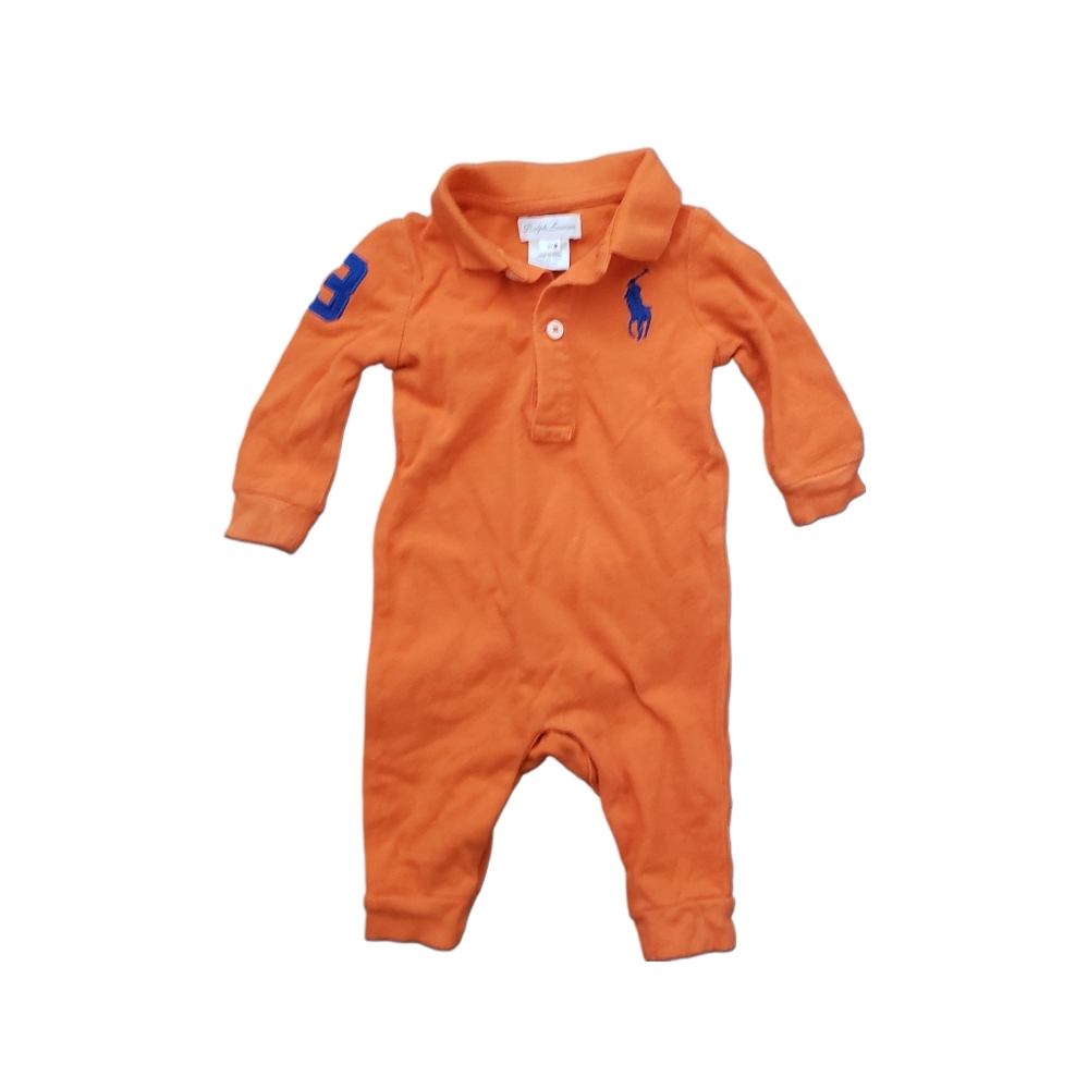 Ralph Lauren 3 Months Baby Boy Halloween Pumpkin Orange Fall Polo Coveralls